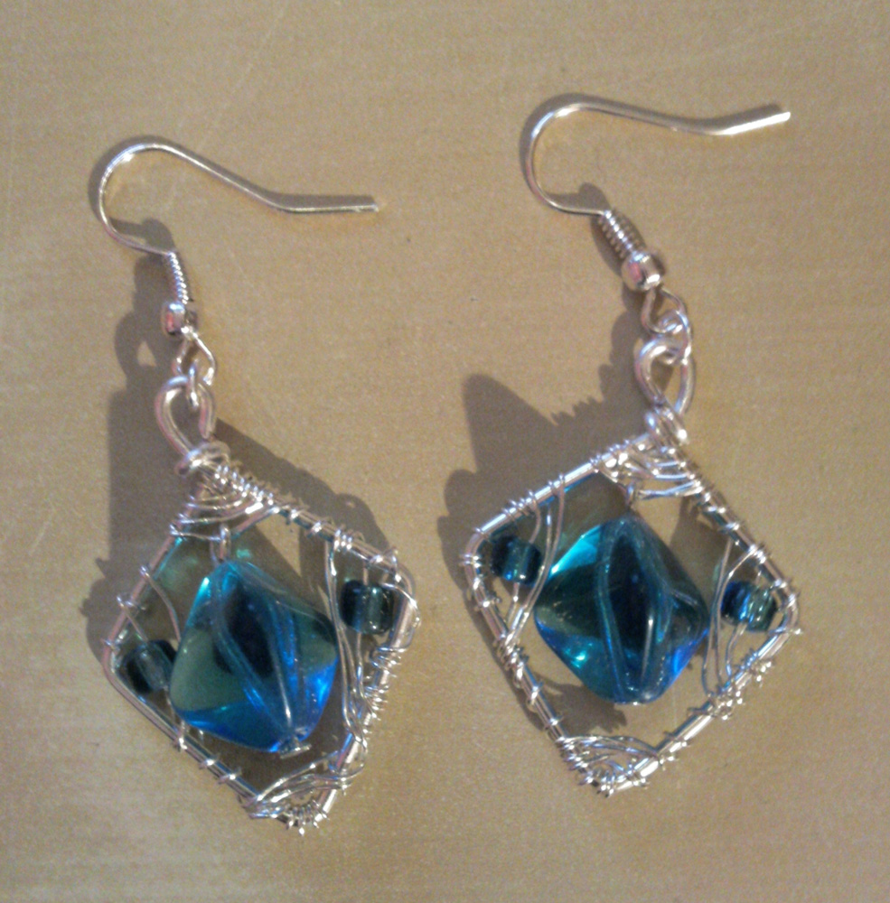 blue beads with silver wire earrings