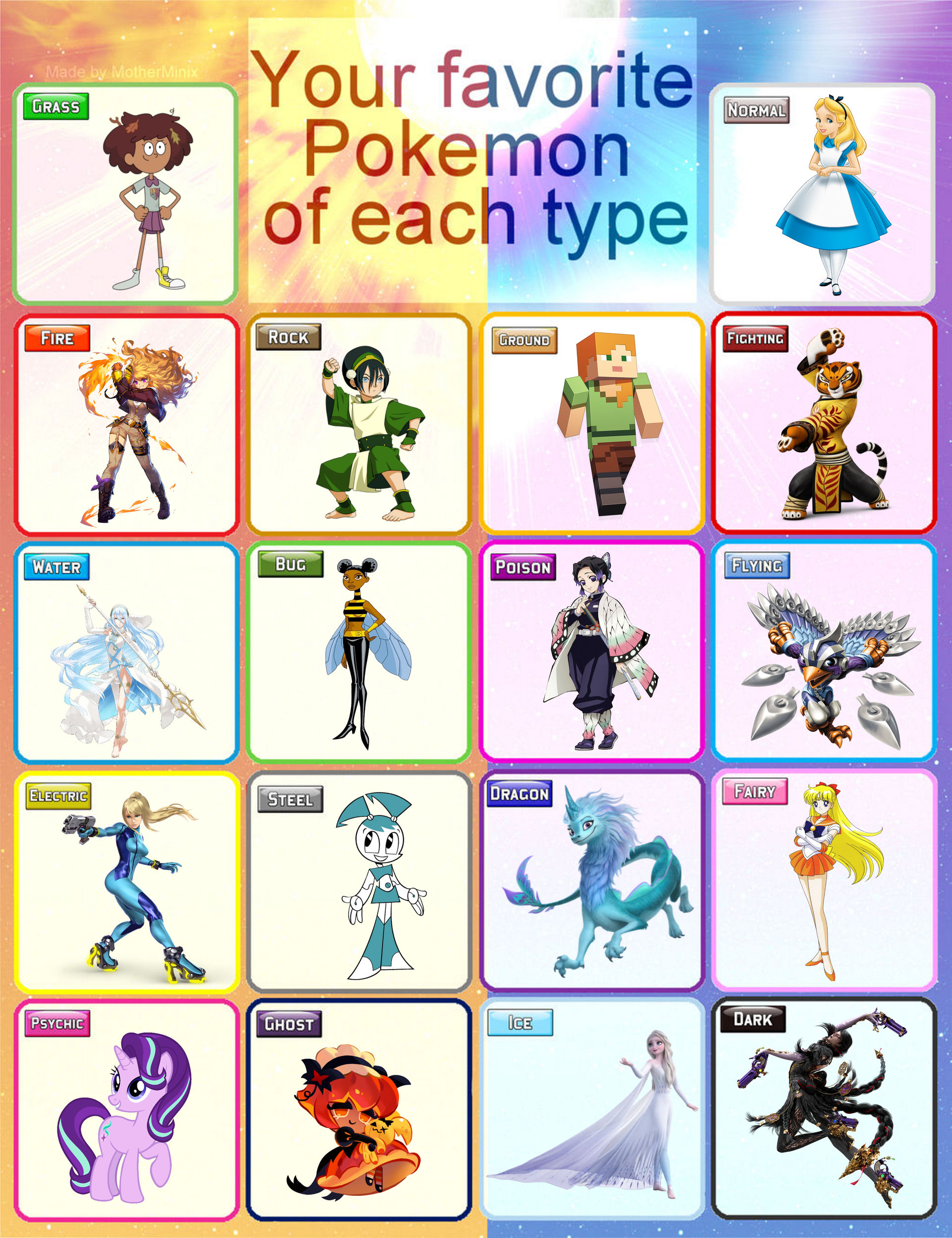 Female Heroes with Pokemon Types by DestinyLightsUP-2006 on DeviantArt