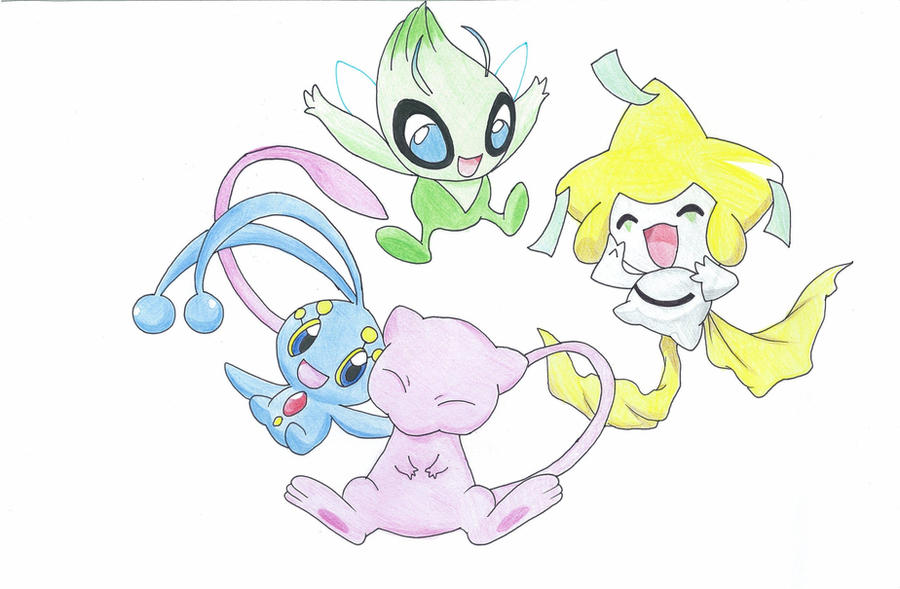 Mew Celebi Jirachi Manaphy Shaymin Victini mew, celebi, jirachi, manaphy by tobiie on DeviantArt