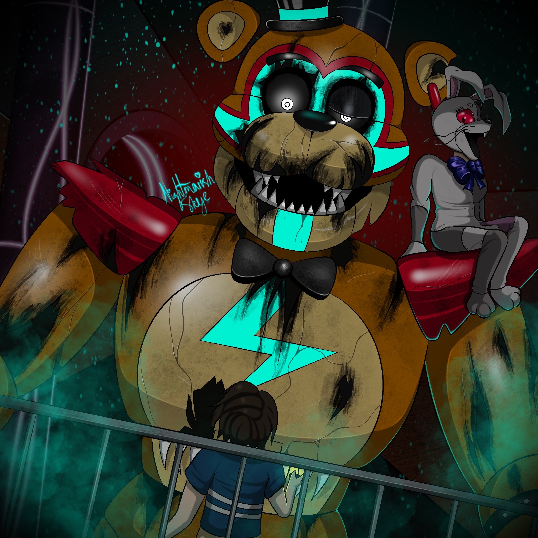 Epic fan-art of glamrock freddy in cuberpunk style