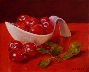 Cherries in a ceramic ladle