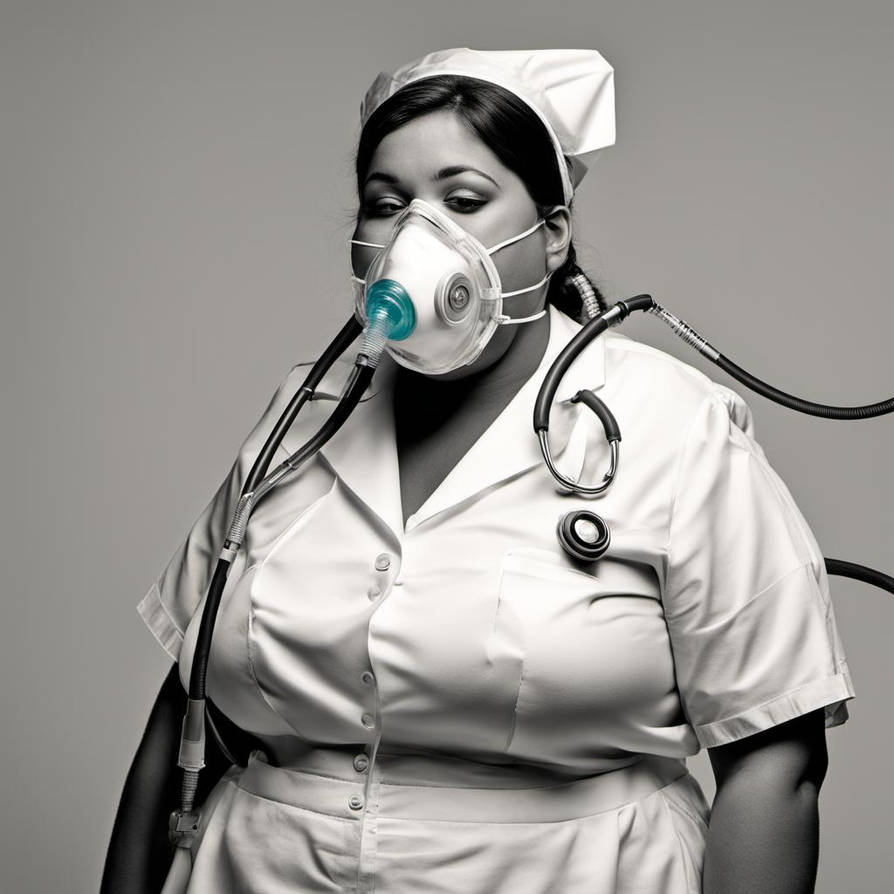 Chubby nurse in oxygen mask