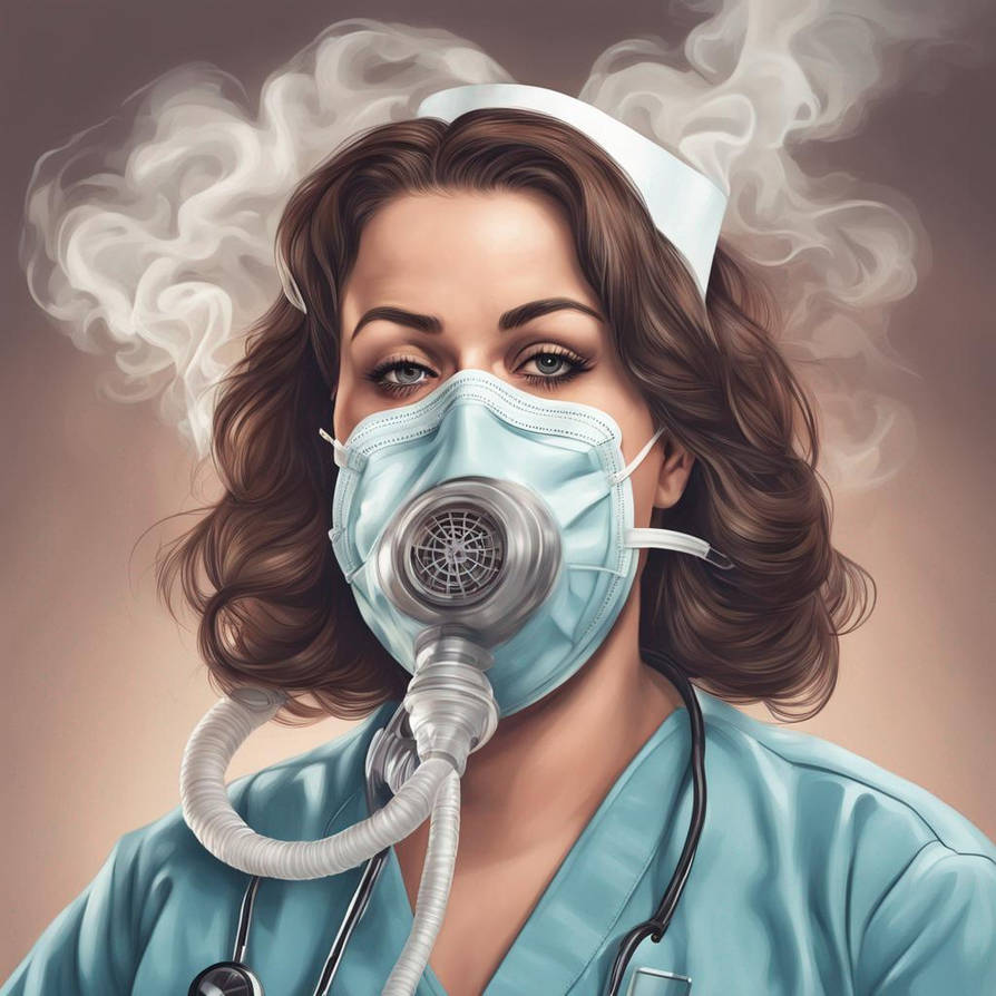 Chubby female nurse in oxygen mask breathing smoke