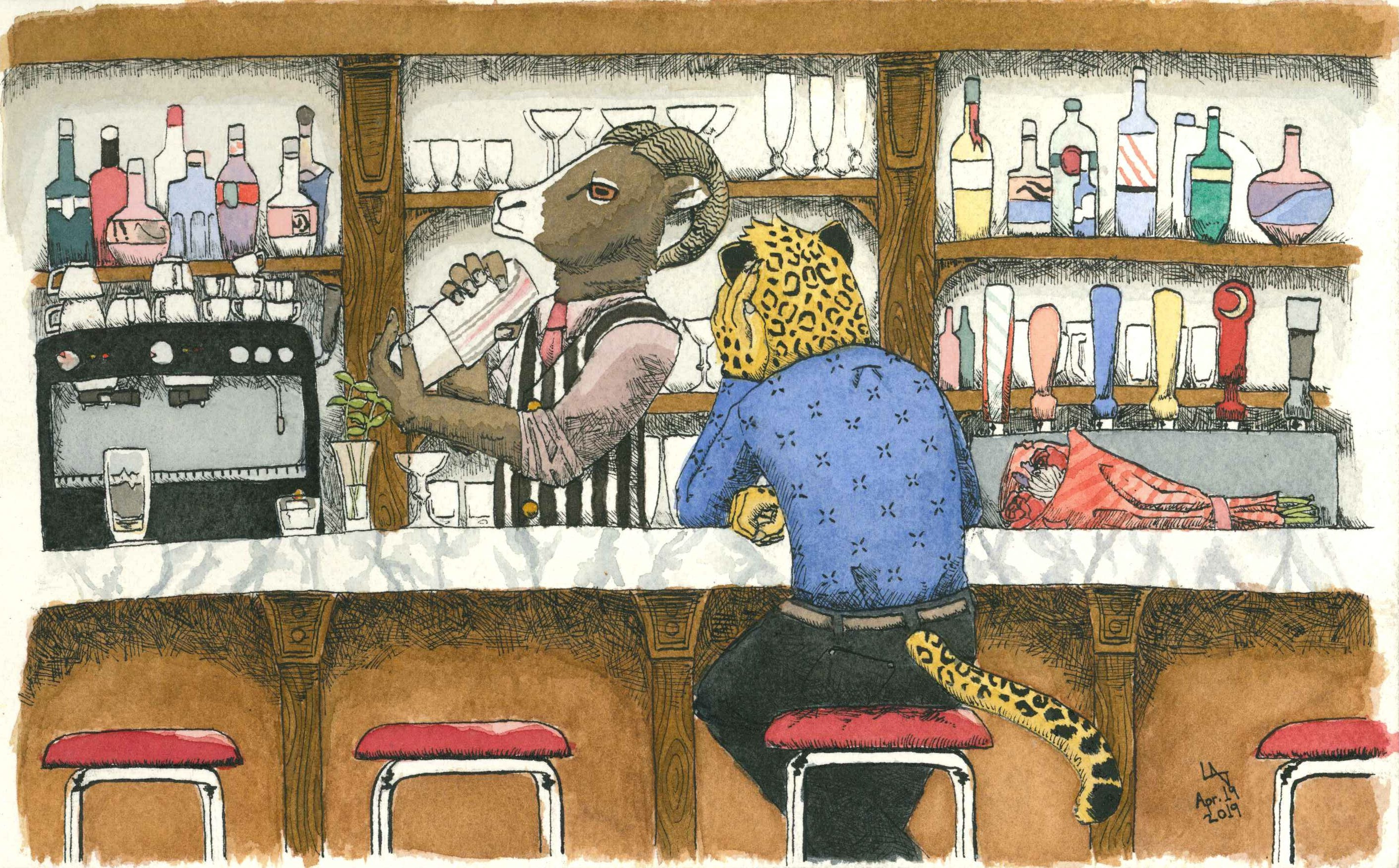Bar Scene, Ink and Watercolour