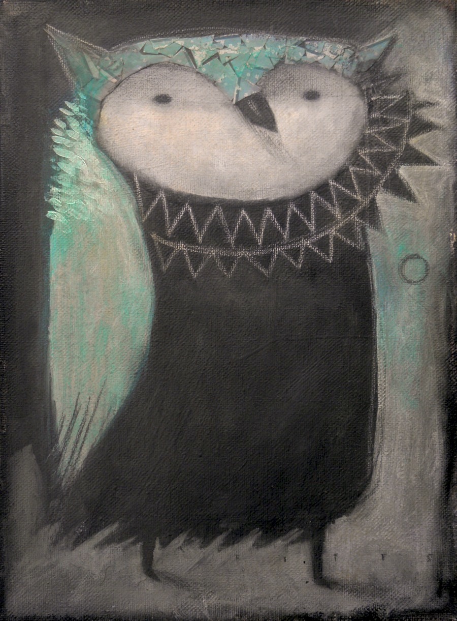 Standing Blue Owl with Ruffed Neck