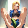 Android 18 holding a cucumber with her feet..