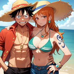 Luffy and Nami taking a photo at the beach