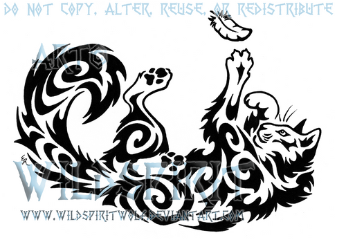 Playful Cat And Feather Tribal Design