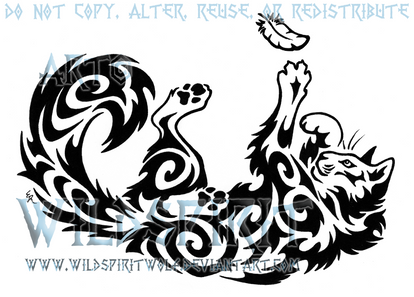 Playful Cat And Feather Tribal Design