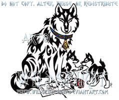Tribal Father Wolf And Pups