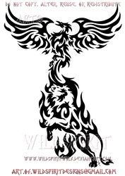 Flaming Phoenix And Rising Lion Tribal Design