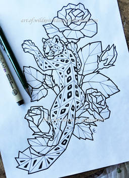 Ice Roses + Snow Leopard - Lineart Design