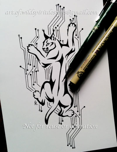 Climbing Caracal On Circuit Board - Tribal Design by WildSpiritWolf