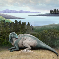 Parrosaurus with nest