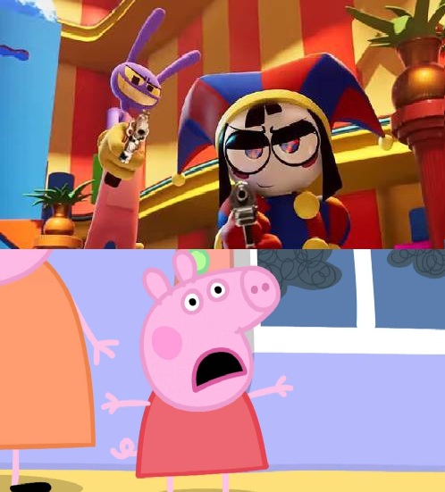 Jax And Pomni Point Their Guns At Peppa Pig