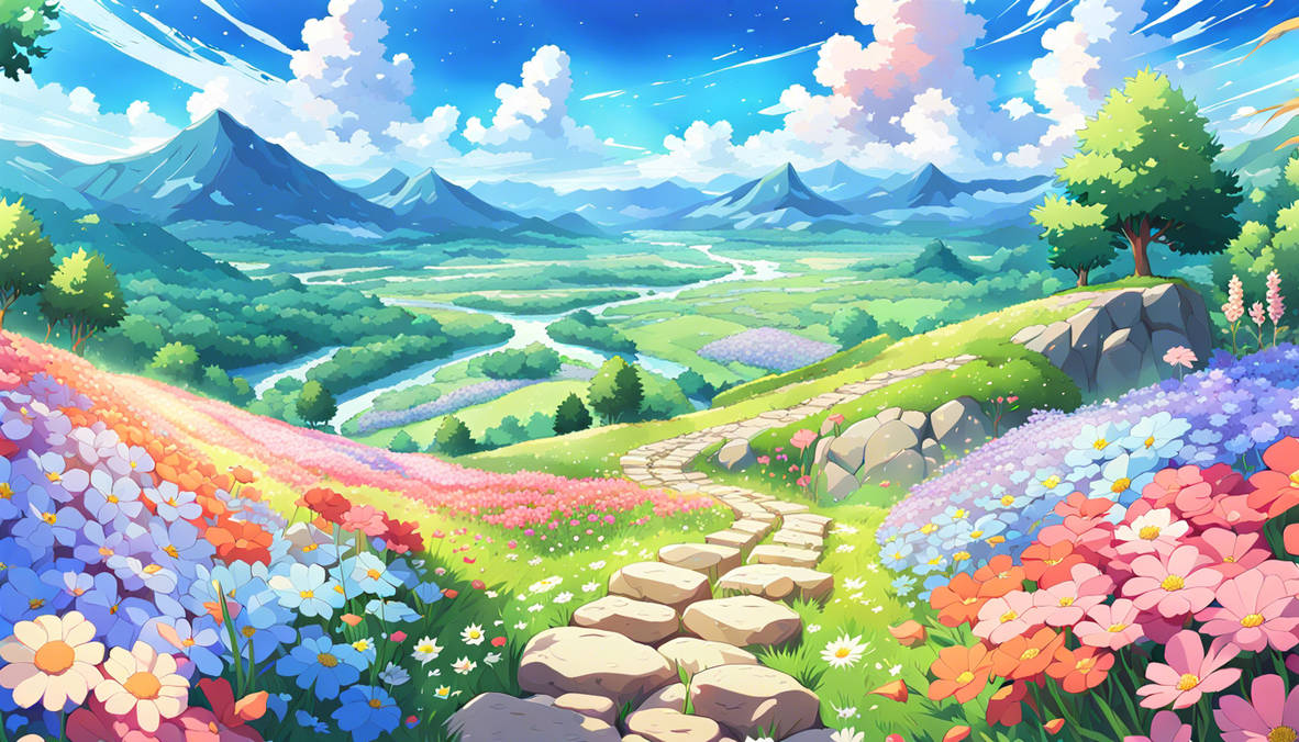 A rocky road meandering through a meadow of flower