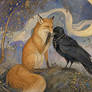 A fox and crow whispering secrets beneath a moon ribbon in the style of Edmund Dulac