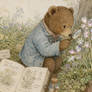A bear cub botanist studying shimmering flowers in the style of Beatrix Potter