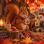 A squirrel and hedgehog sharing warm cider under a maple tree.