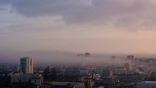 Setubal in morning mist