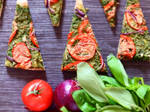 Vegan pizza with basil pesto, tomato and red onion by veggiefish-cz