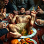 A handsome hairy naked man laid out on a platter o