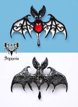 Black White OrnaBat - Bat Clay Pendant Front+Back