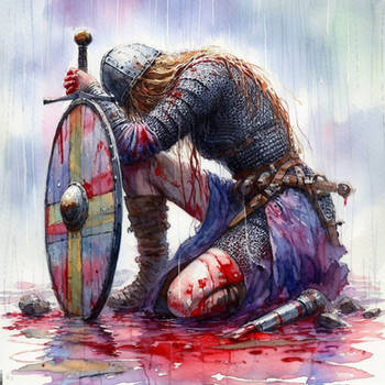 Spent Shield Maiden Kneels in the Rain