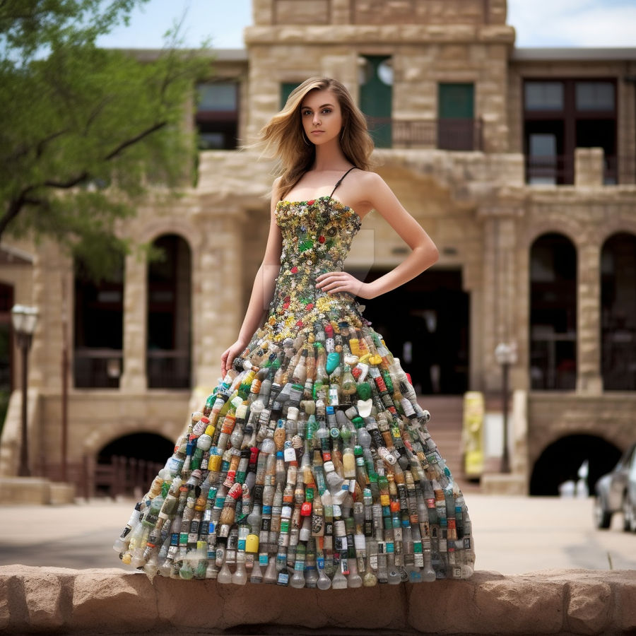 Premium Photo  A woman in multicolored recycled plastic dress ai recycled  costume idea