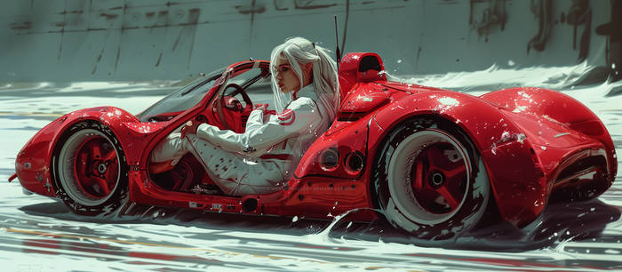 Woman in a white sports car, in the style of red