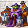 Yoda with R2D2 and Chewbacca as an Evita Peron