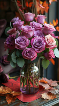 A vase of beautiful purple roses on the table, 