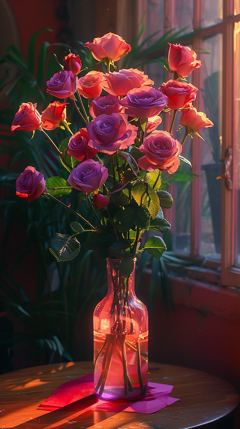 A vases with purple roses on the table