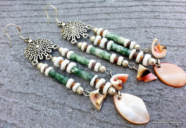 Green Tree Agate and Shell Earrings