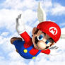 Wing Mario flies in the cloudy blue sky