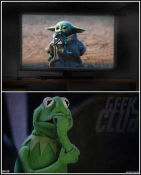 Baby Yoda horrifies Kermit (Meme)