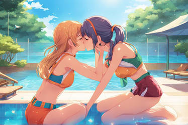 Two Girls Kissing by the Pool