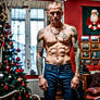 Muscular skinhead tatooed in chistmas room