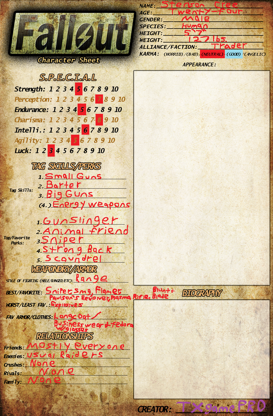 Fallout 3 Stenson Cree OC Sheet