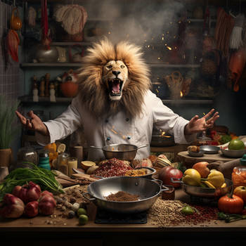 Entusiastic Lion in his kitchen cooking