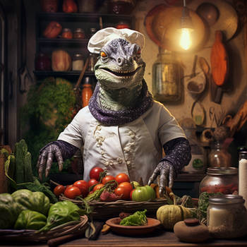 Reptilian preparing a meal