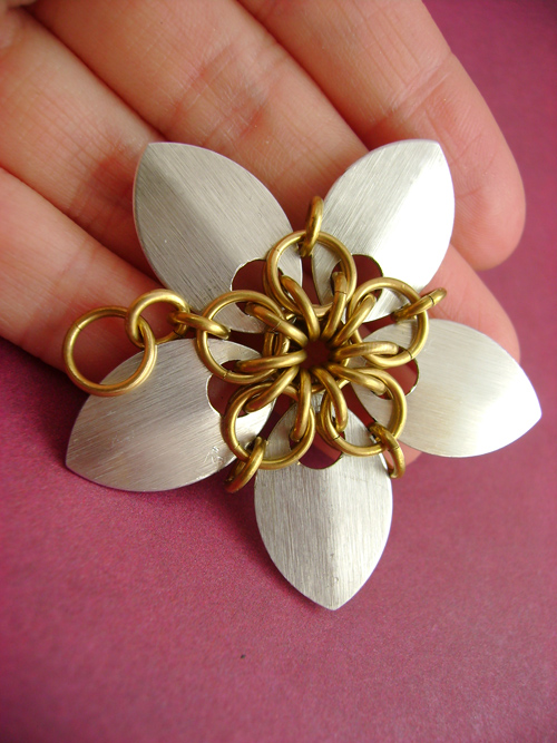 Silver and Brass Scalemaille Flower Pendant