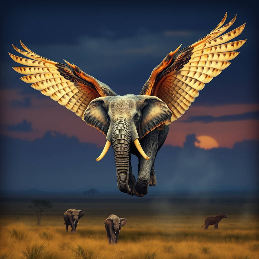 An elephant with large owl wings soaring across a