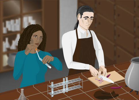 Hermione and Severus working together in the lab