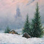 Winter landscape with a church. Copy.