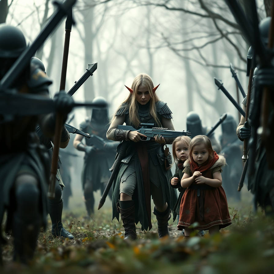 Heavily armed female elf army protect a small grou