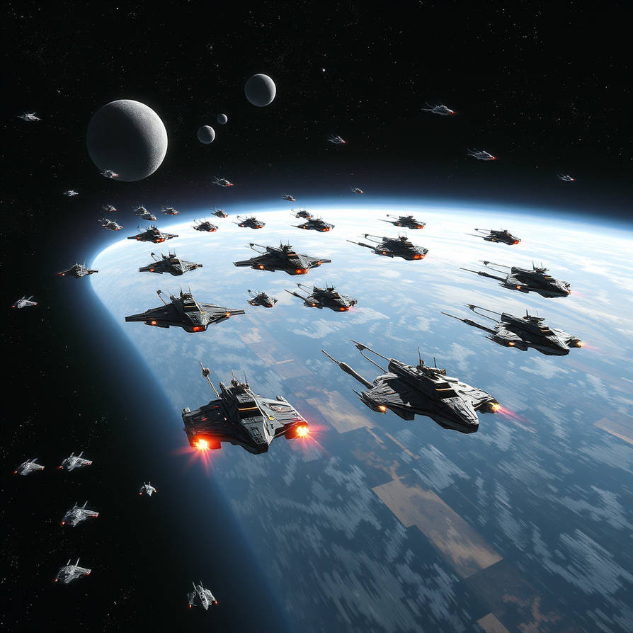 Fleet of starships cruising in space getting ready