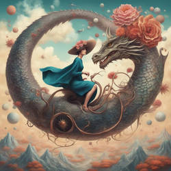 Stilish lady with floral hat rides on a in spirals
