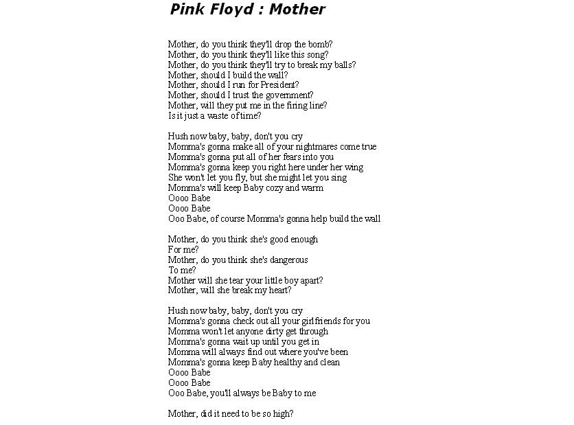 Английская песня пинк. Pink Floyd mother текст. Pink Floyd текст. Пинк Флойд стена текст. Тексты песен Пинк Флойд.