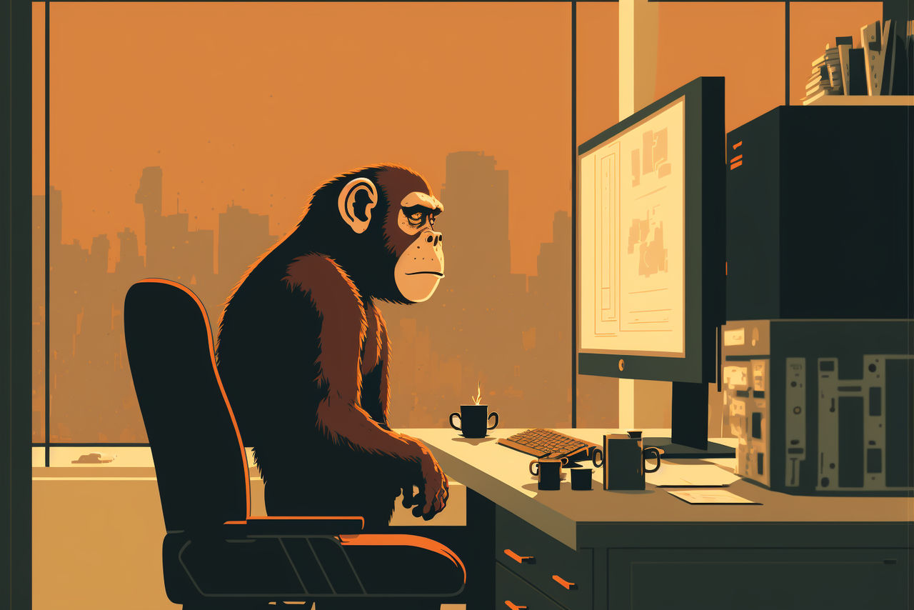 Monkey Sitting At A Office Desk by panicstarr on DeviantArt
